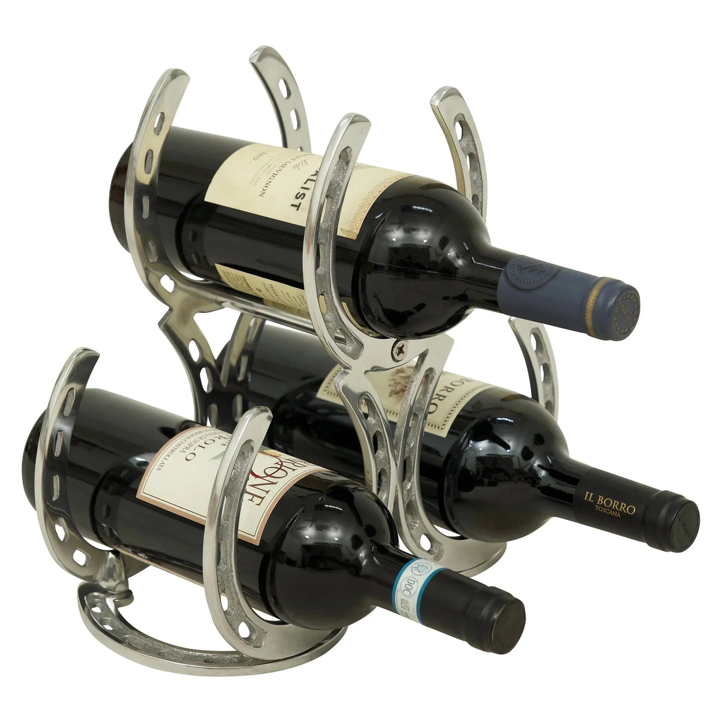 Huntley Horseshoe 3-Bottle Wine Rack, Aluminum Silver Finish